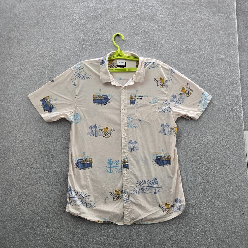 O'Neill Men Button Up Shirt XL Beige Graphic Surfing Truck Hawaiian Shirt